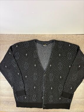 Vintage Barclay XL Geometric Cardigan Sweater Made in USA Black Gray